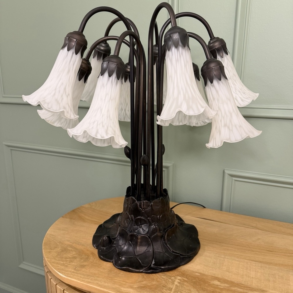 Tiffany Style Lighting 22"H Pond White Lily 10 Light Bronze Table Lamp